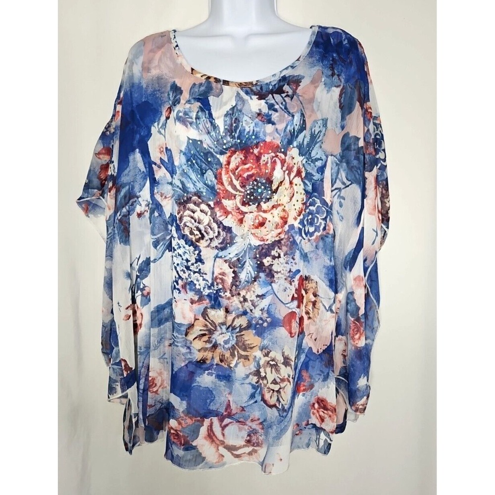 NYโ Collection Women's Jeweled Blue Floral Short Sleeve Pullover Blouse Size XL